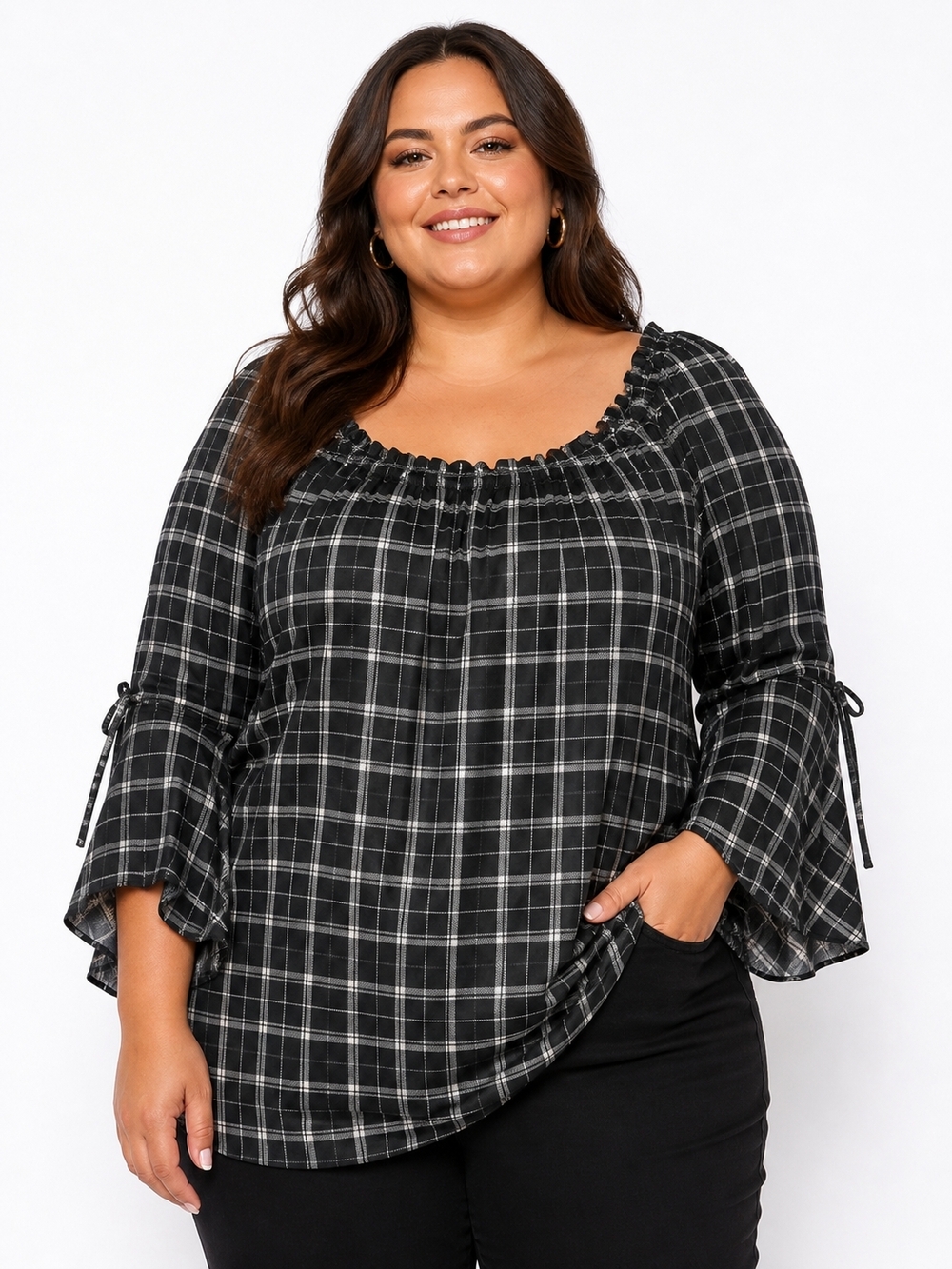 WIn Win Black Plaid Tunic Tie Sleeve Top